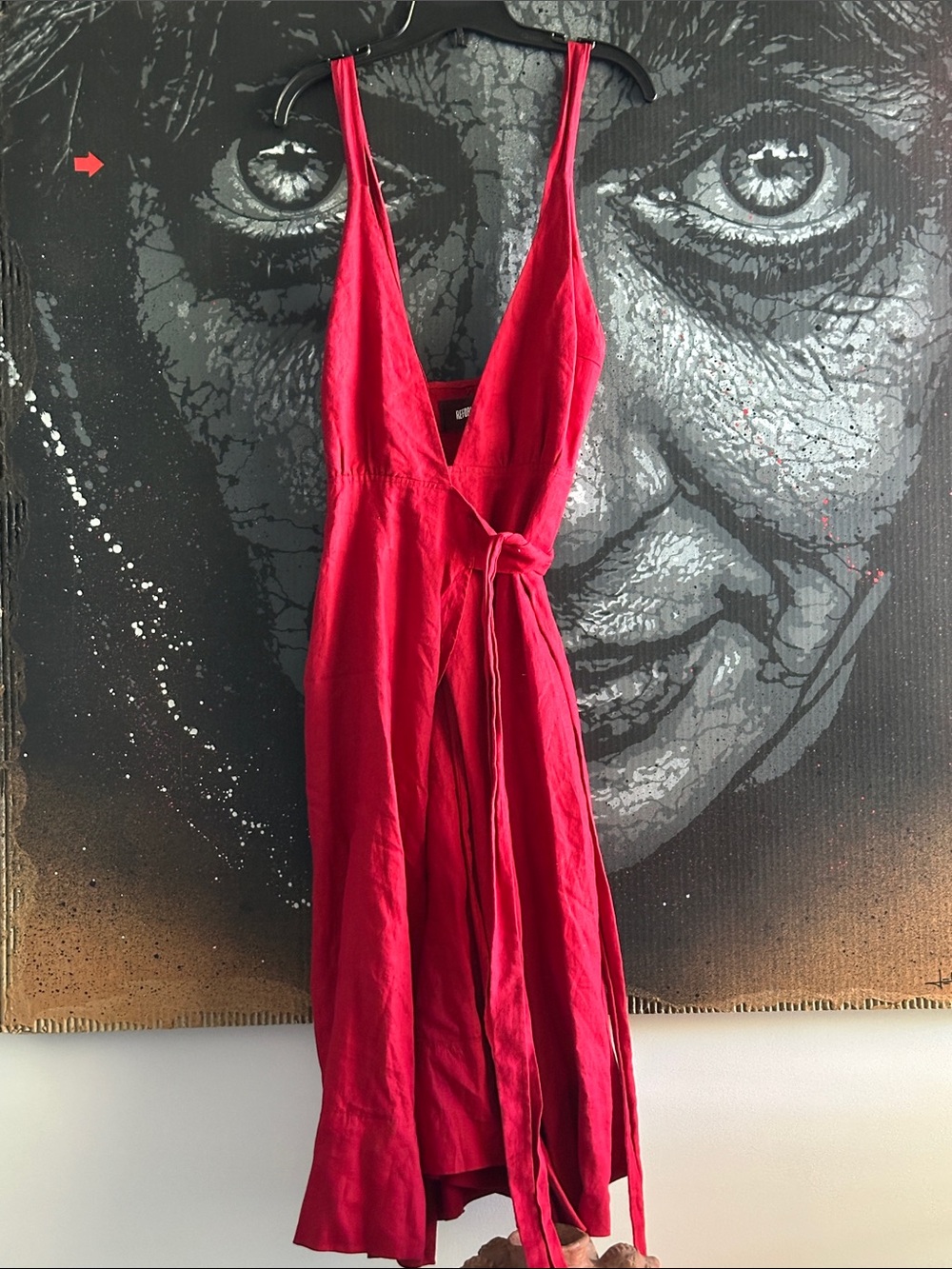 Reformation Deep Red Wrap Midi PURE LINEN WRAP Dress with Tie Waist S